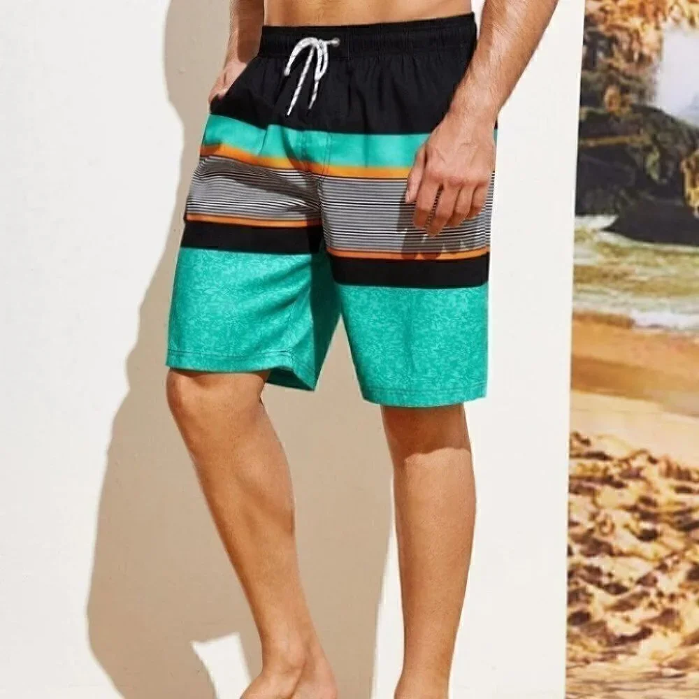 Blue Vacation Style Men's Color Block Striped Swim Trunks